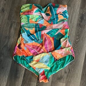 Time and Tru Green and Orange One Piece Swimsuit with V-Neck